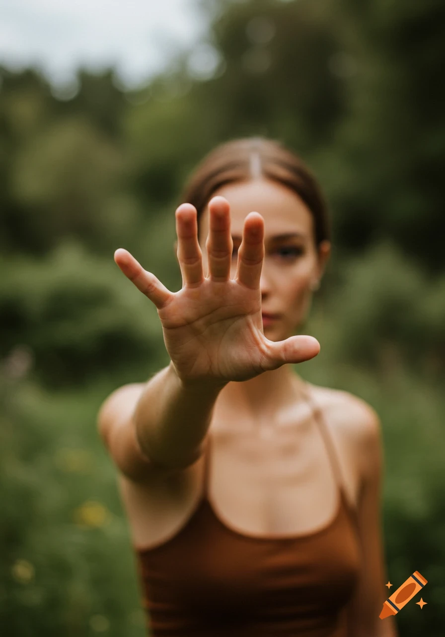 A woman with her hand outstretched, palm open towards the camera, in a soft-focus outdoor setting.