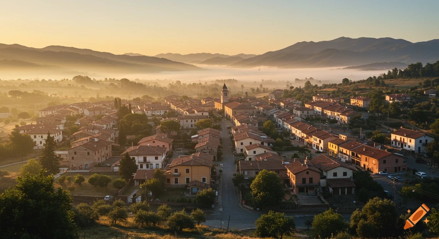 Aerial view of a quiet, old town with red-tiled roofs nestled between misty mountains at sunrise, with a church bell tower.