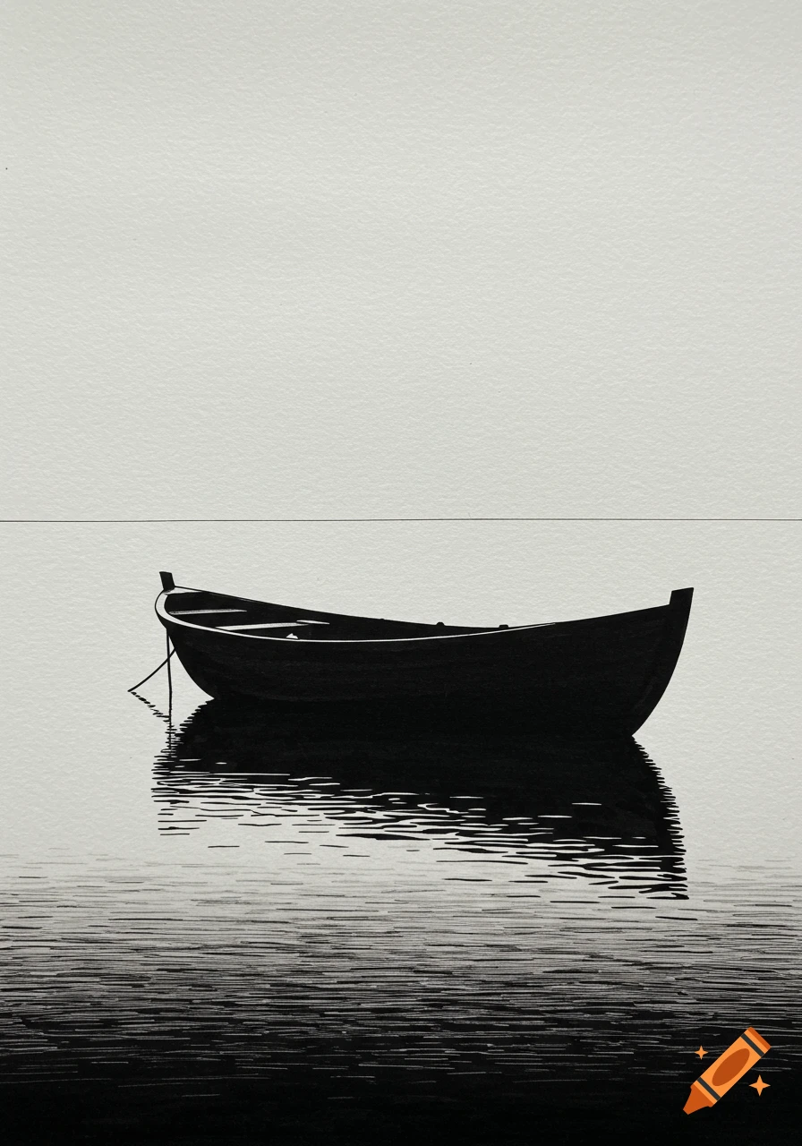 Black and white sketch of a boat floating on water with horizontal lines creating texture.