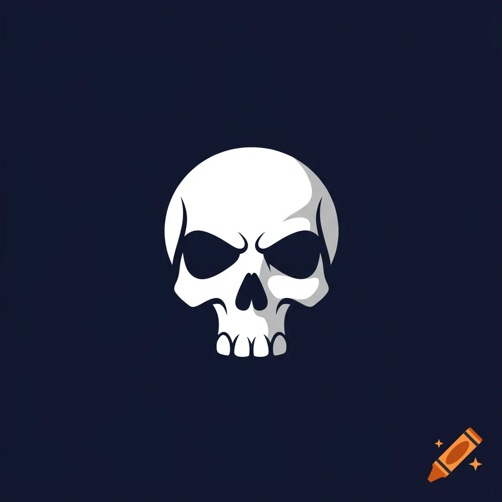 A white stylized skull icon with black eye sockets and nose cavity on a dark blue background.