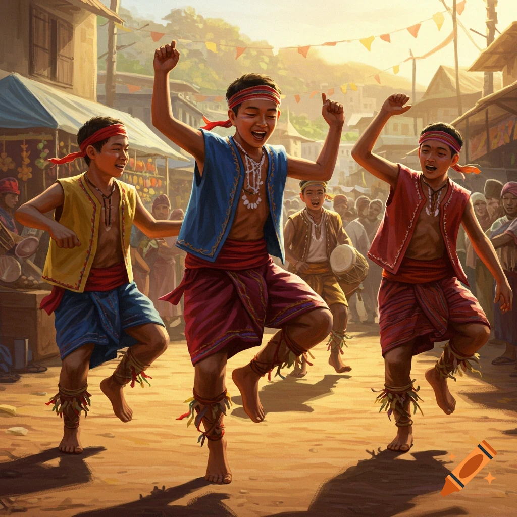 Three young boys in traditional attire happily dancing in a vibrant village market during a sunny cultural celebration.