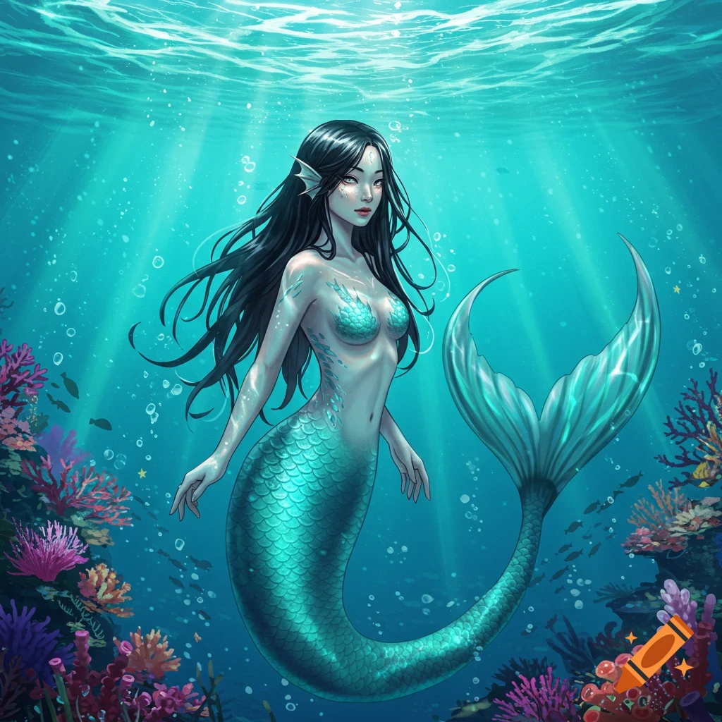 An illustration of a beautiful mermaid with long dark hair and a teal tail swimming underwater among colorful coral and fish, with sun rays from the surface.