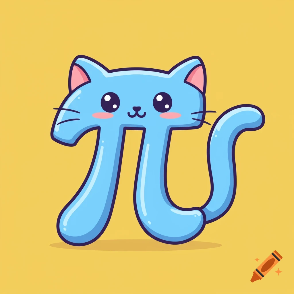 A cute light blue cartoon cat body shaped like the Greek letter Pi, with a head, ears, and tail on a yellow background.