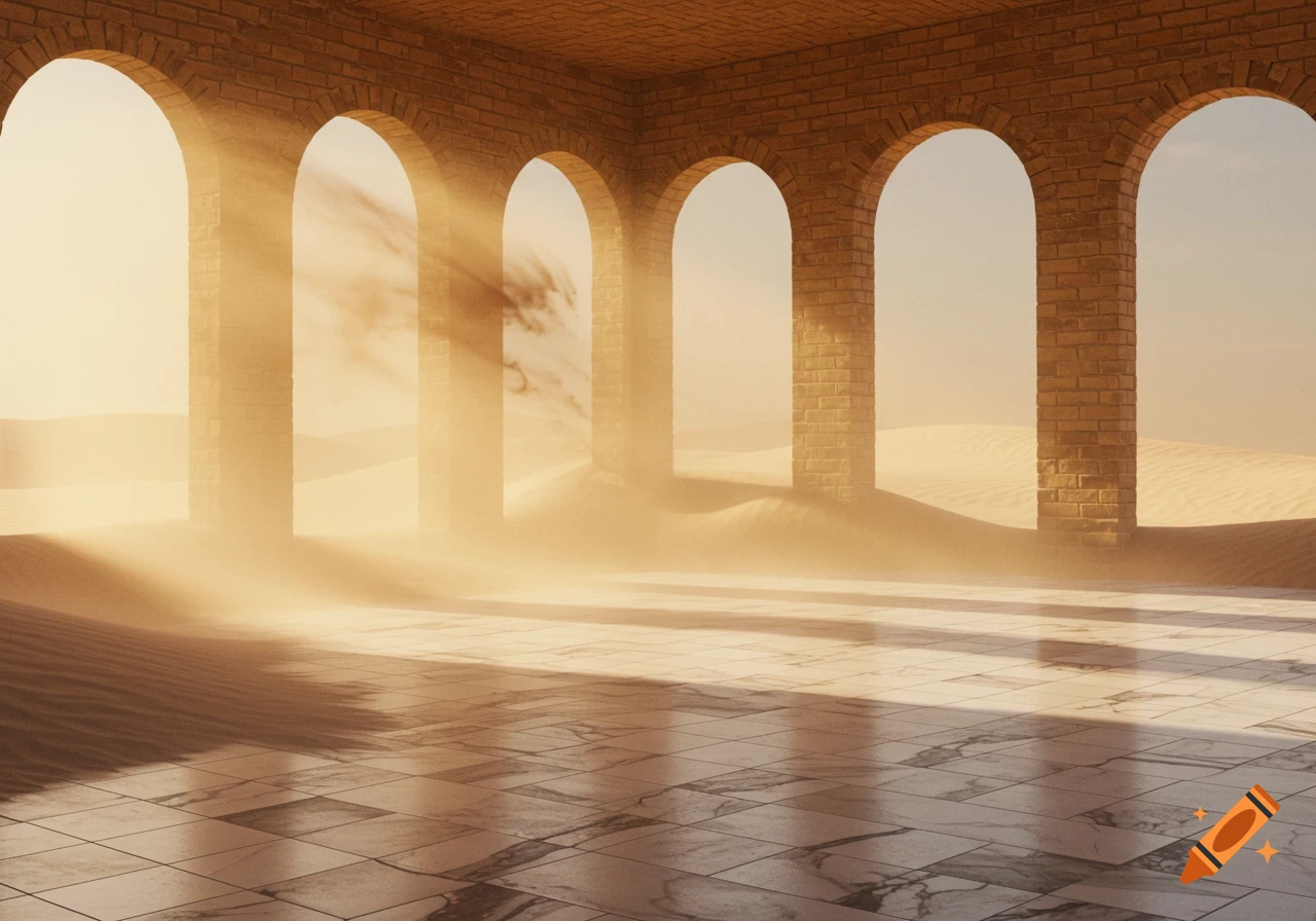 Sunlight streams through brick arches onto a marble floor in a desert sandstorm.