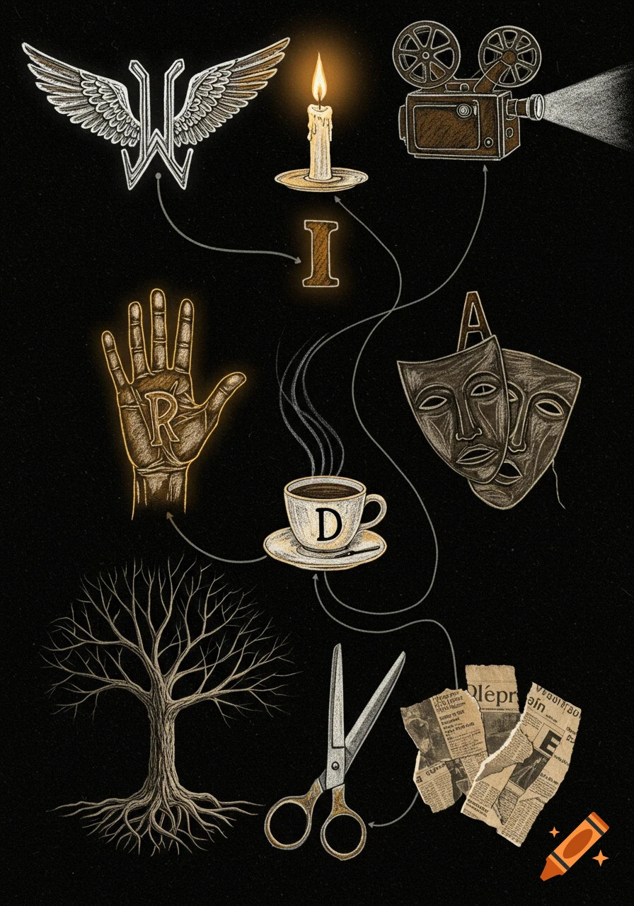 A mixed-media illustration on a black background with symbolic elements like a winged W, candle I, hand R, coffee D, masks A, tree T, scissors, and torn newspaper.