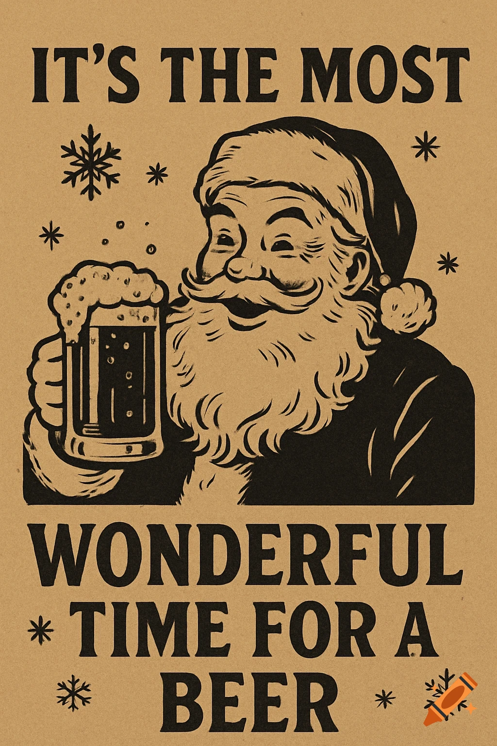 Vintage illustration of Santa Claus holding a foamy beer mug with 'IT'S THE MOST WONDERFUL TIME FOR A BEER' on brown background.