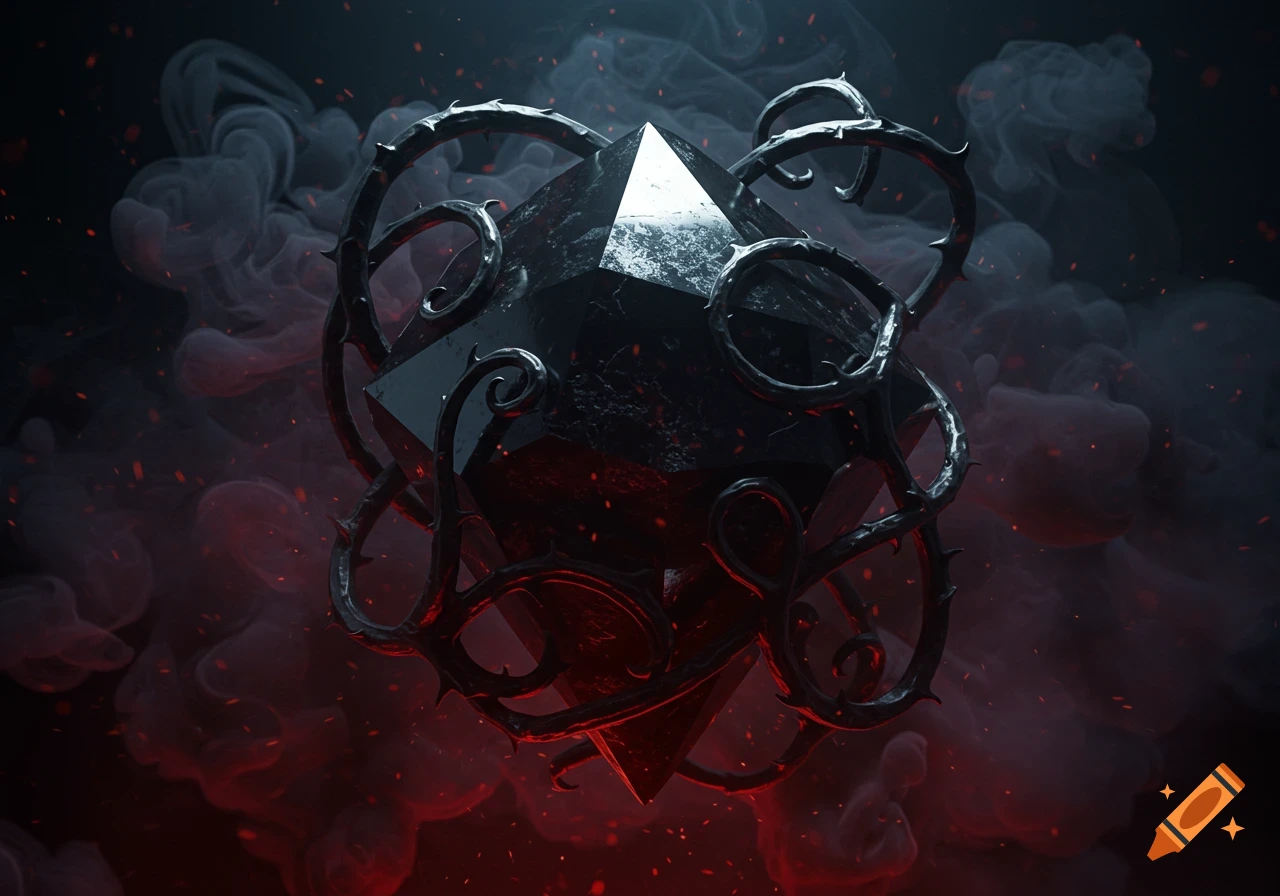 A dark, multifaceted gem entwined with thorny black vines, surrounded by red smoke and glowing embers on a dark background.