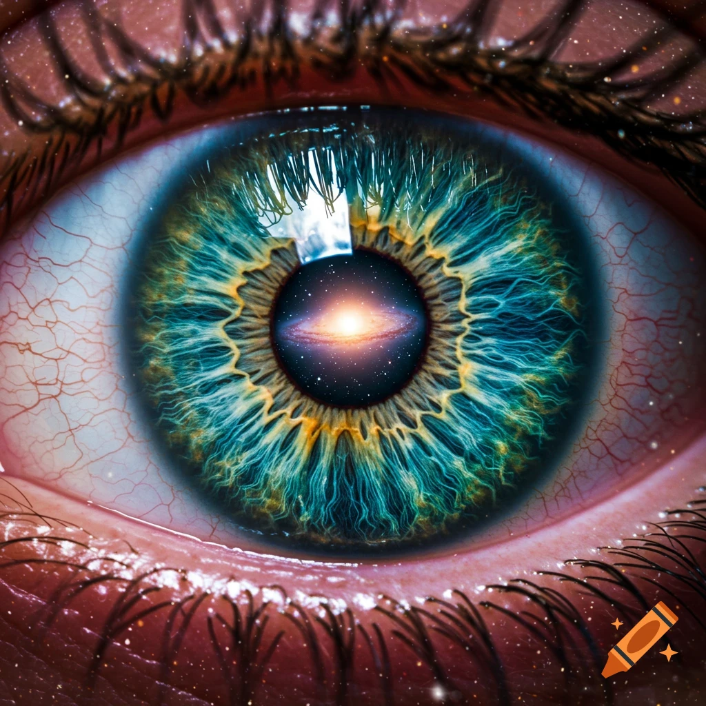 A hyperrealistic close-up of a human eye with a galaxy visible within the pupil, featuring a vibrant teal and yellow iris, red veins, and scattered stars.