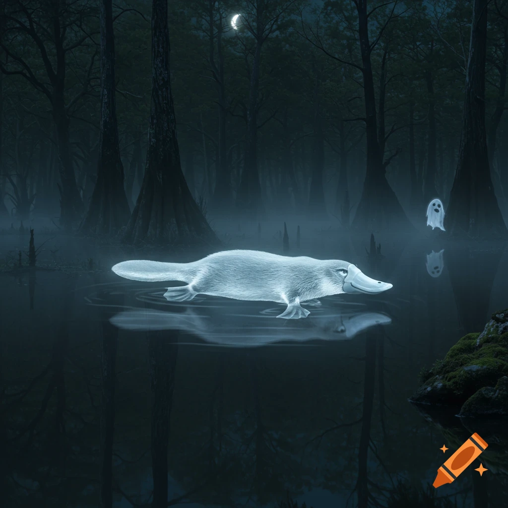A glowing, ghostly platypus floats on dark water in a misty, moonlit swamp, with a small ghost in the background.