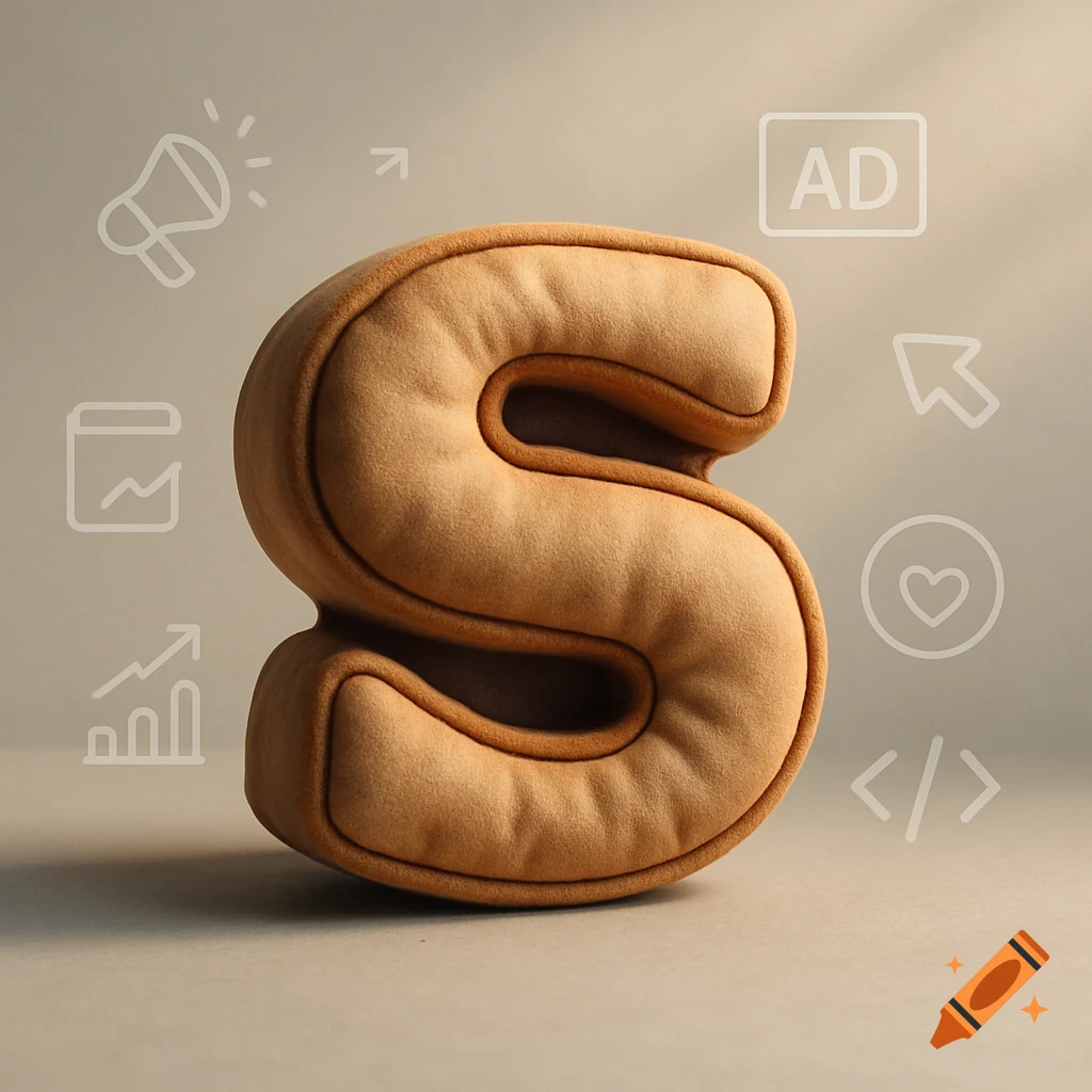 3D render of a fluffy, tan letter 'S' cushion with white outline icons of a megaphone, 'AD' box, chart, cursor, heart, and code brackets on a beige background.