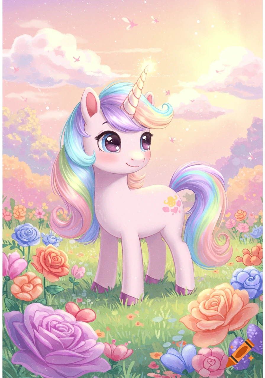 A cute pink cartoon unicorn with a rainbow mane and sparkling horn stands in a vibrant field of colorful flowers under a sunny, cloudy sky.