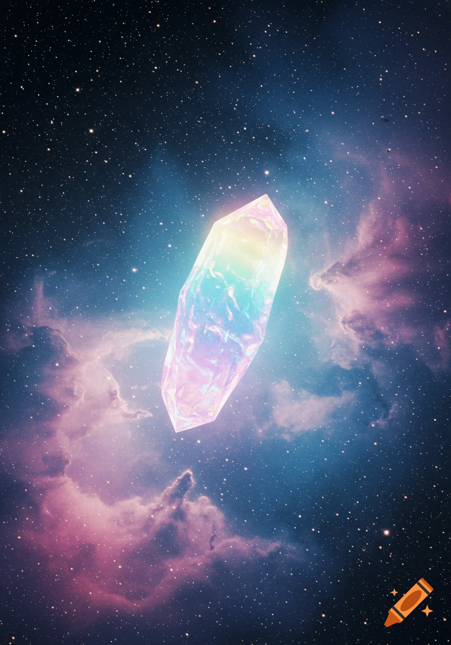 A vibrant, rainbow-colored crystal glows in a starry blue and pink nebula.