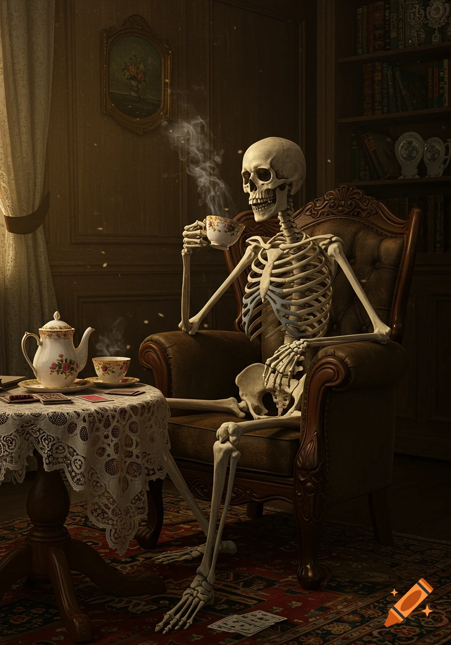 A skeleton sits in a brown leather armchair, sipping steaming tea from a floral cup in a dimly lit, ornate room with a teapot on a lace table.