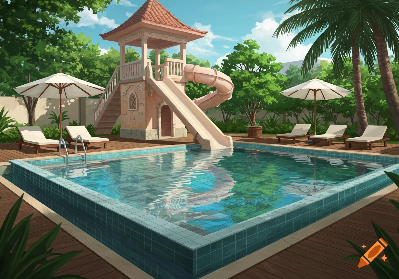 An outdoor swimming pool with a stone slide tower, sun loungers, and palm trees under a sunny sky in an animated illustration style.