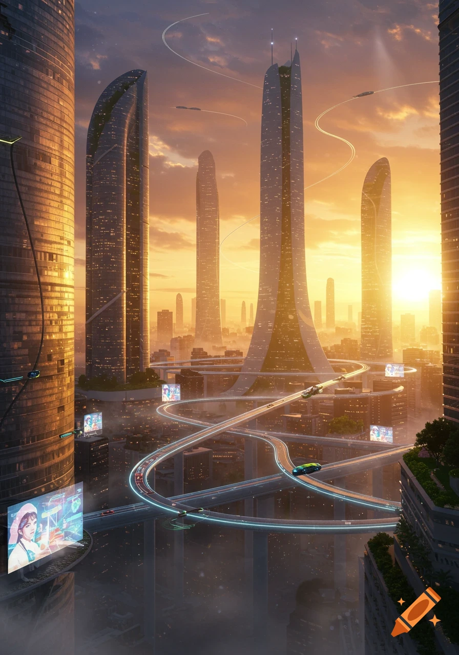 A vibrant futuristic city with towering skyscrapers and elevated highways at a golden sunrise.