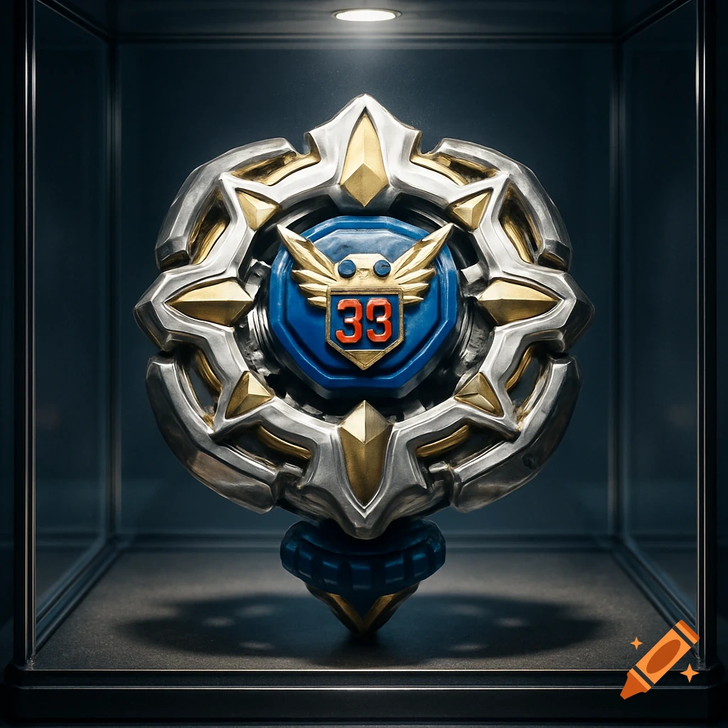 A detailed silver and gold Beyblade-like toy with a blue center showing '33', displayed in a glass case with spotlight.