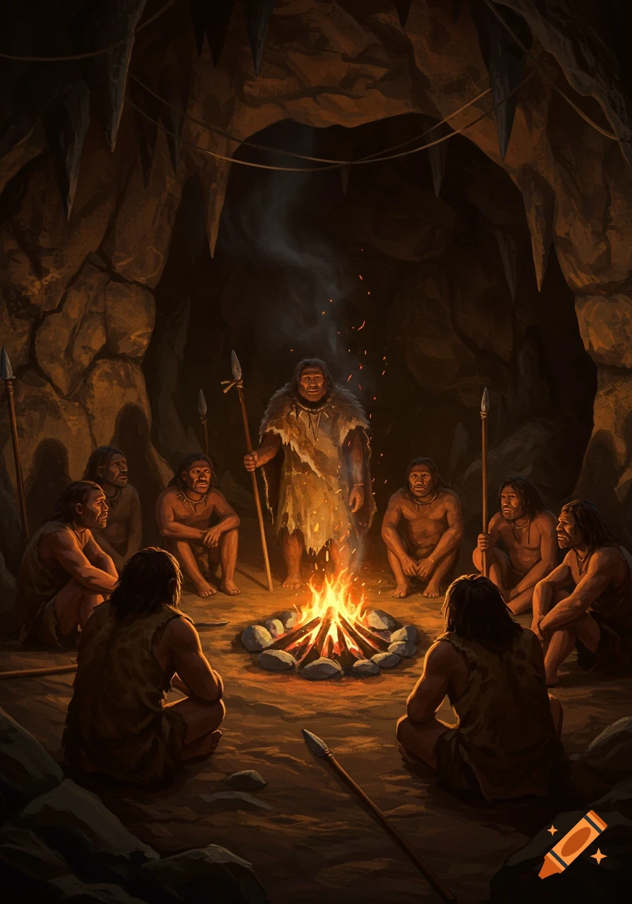 A group of Neanderthals gathered around a campfire in a dark cave, with one shaman figure standing in the center holding a spear.