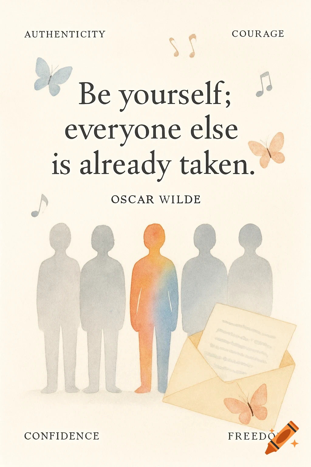 Watercolor poster: Oscar Wilde's quote "Be yourself; everyone else is already taken." Colorful silhouette stands out among grey, with butterflies and notes.