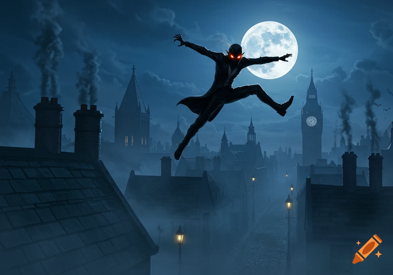 A dark, elfin creature with glowing red eyes leaps over misty Victorian rooftops under a full moon, with Big Ben in the background.