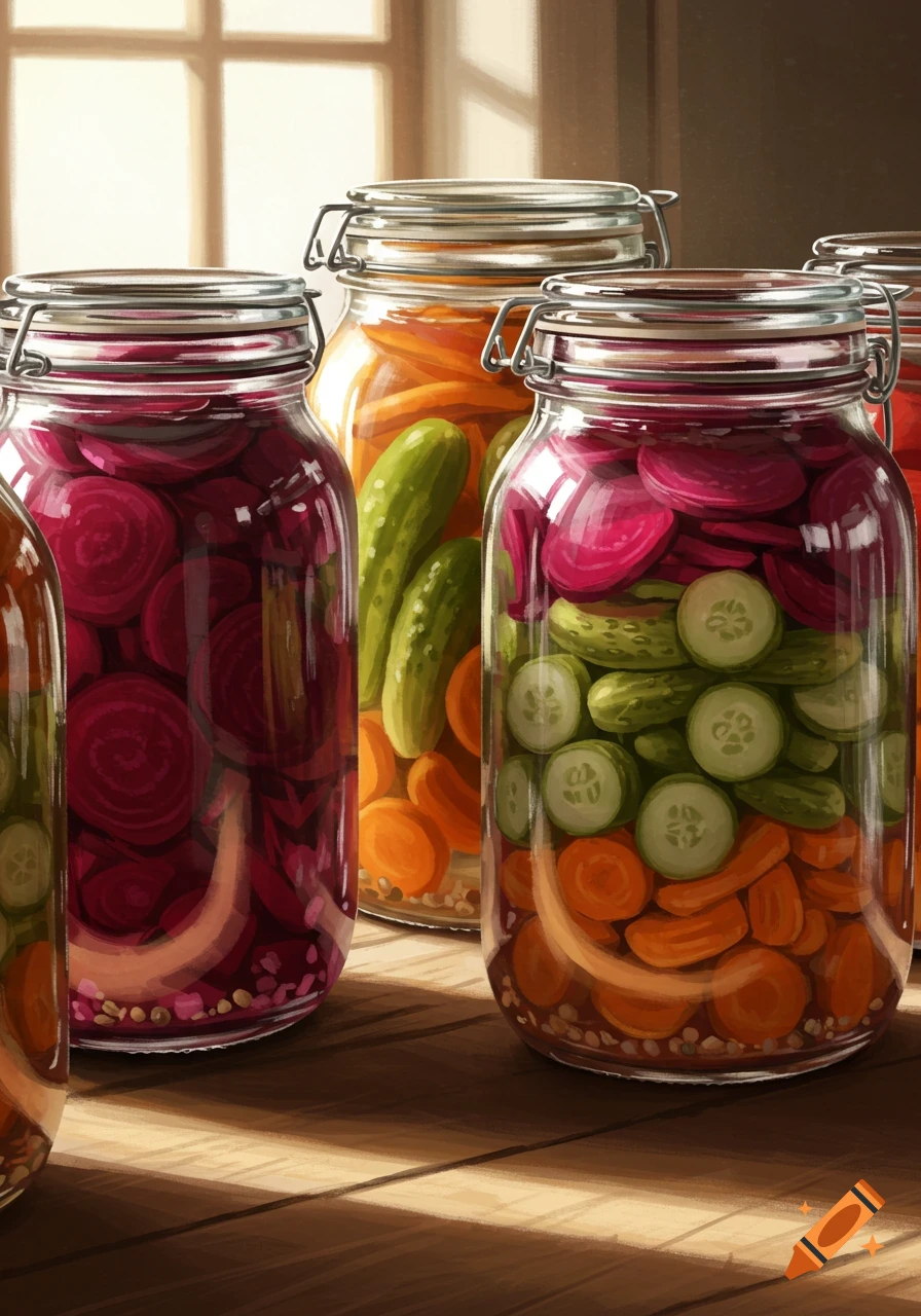 Close-up of glass jars filled with colorful lacto-fermented vegetables like beets, cucumbers, and carrots on a wooden table.