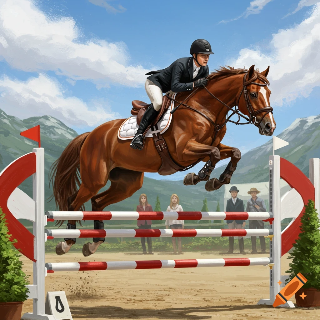 An equestrian horse and rider jump over a red and white hurdle in a sunny outdoor arena with mountains.