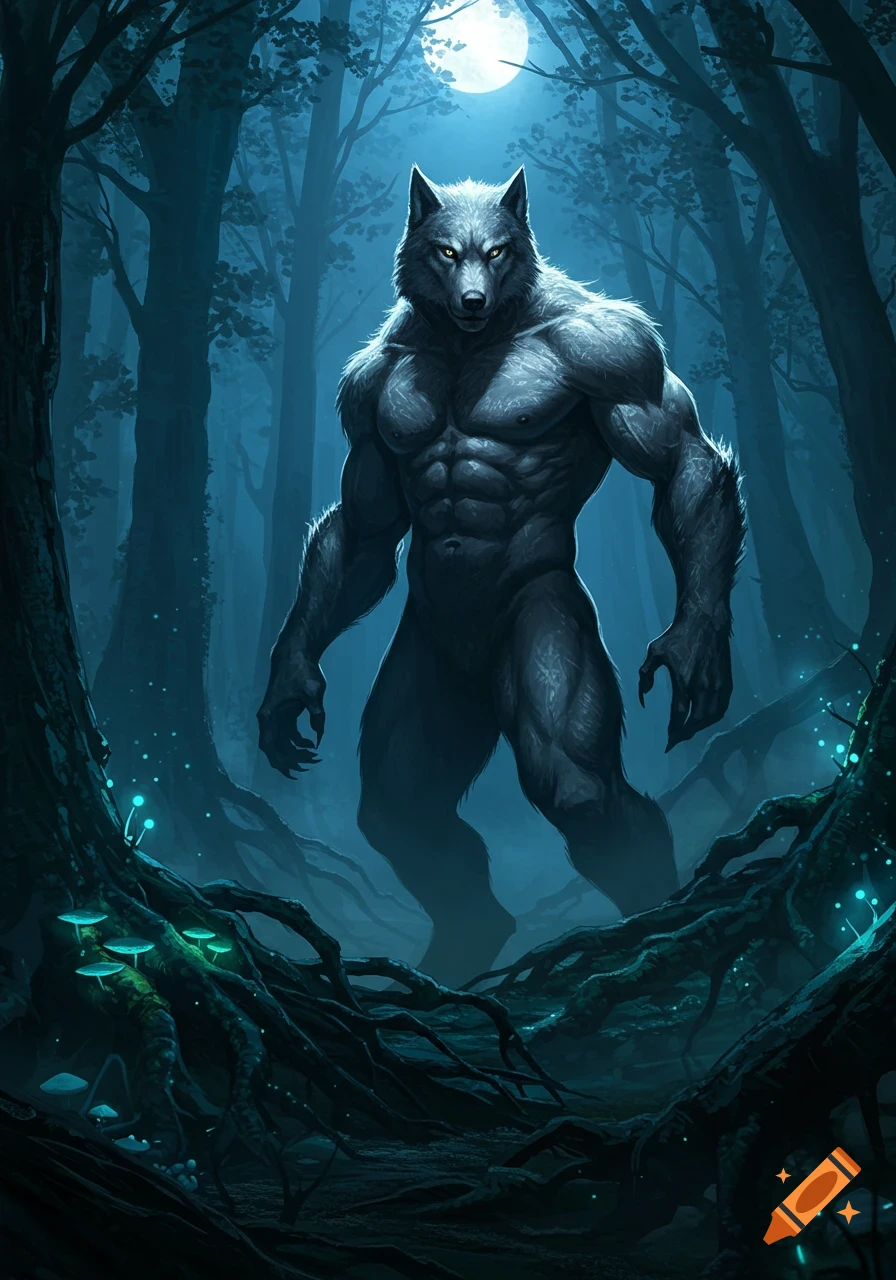 A muscular werewolf with glowing yellow eyes stands in a dark, moonlit forest amidst glowing blue mushrooms and gnarled roots.