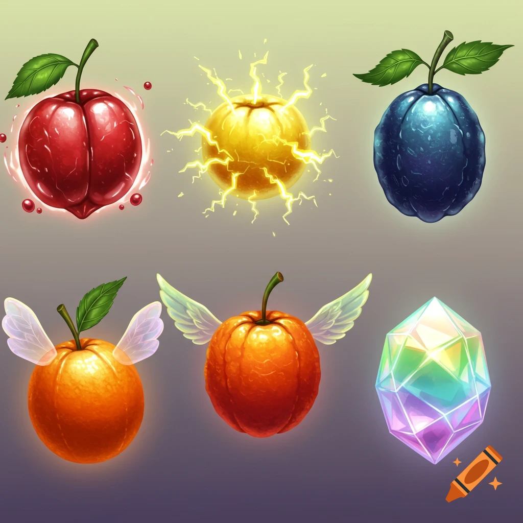 Six stylized, magical-looking fruits and a gem-like object on a gradient background. Includes a glowing red fruit, an electrified yellow fruit, a dark blue fruit, two orange fruits with fairy wings, and a multi-faceted rainbow crystal.