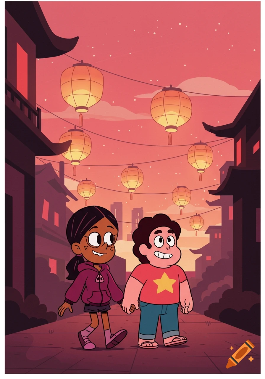 Steven Universe and Connie Maheswaran walk hand-in-hand on a lantern-lined street in an Asian city at dusk, cartoon style.
