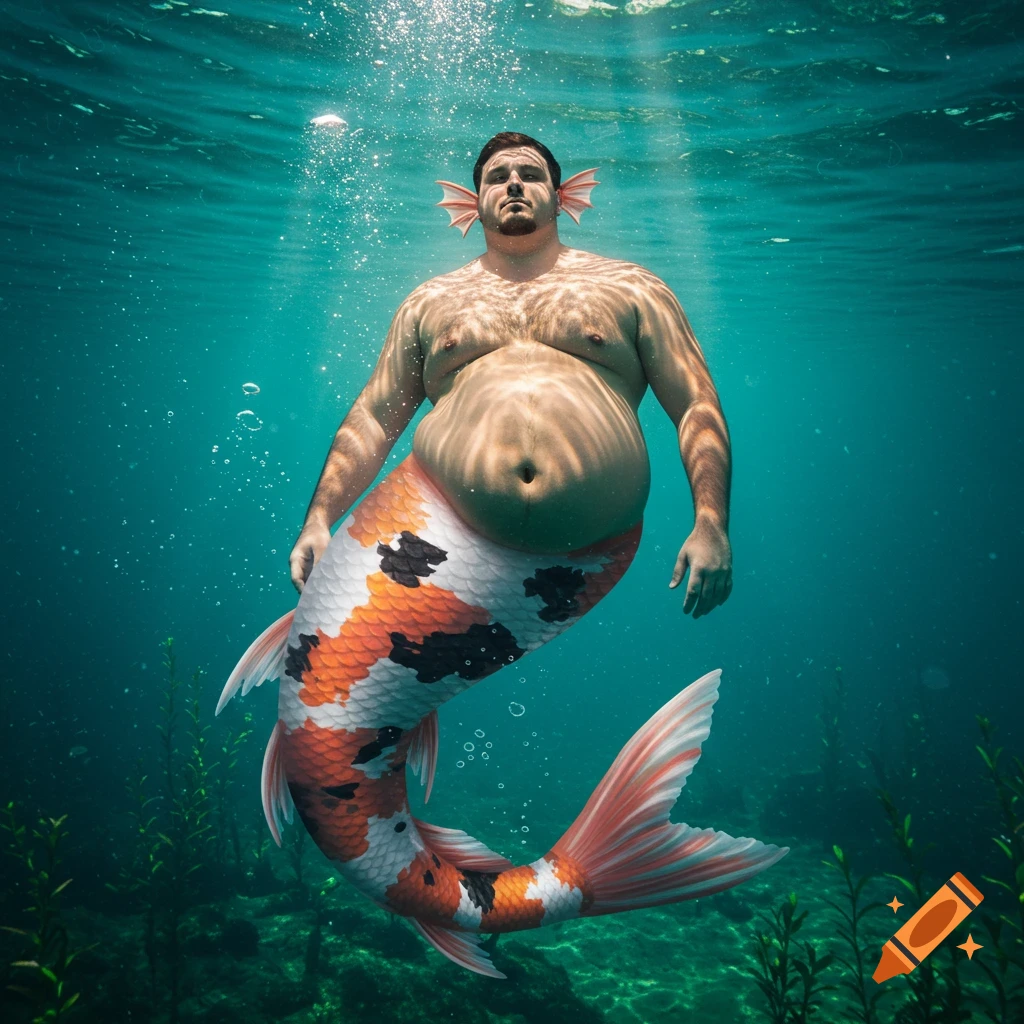 A photorealistic merman with a large belly, gills on his ears, and a colorful koi fish tail swims underwater.