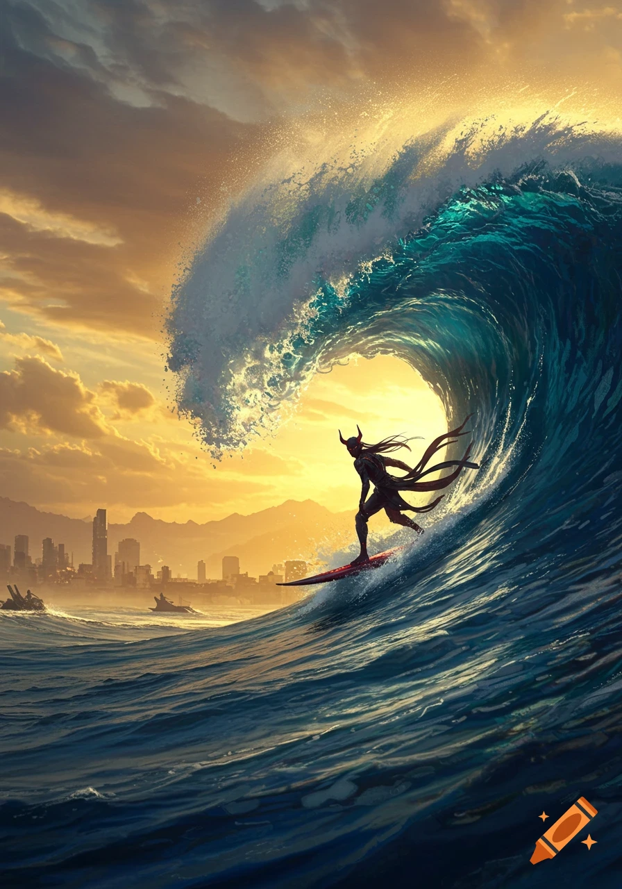 A horned devil figure surfs a massive turquoise wave during sunset, with a city skyline in the background.