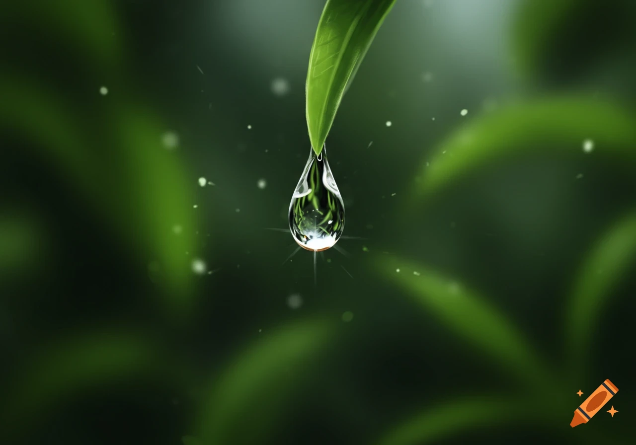 A clear water droplet hangs from the tip of a vibrant green leaf, reflecting the blurred green background in a photorealistic close-up.