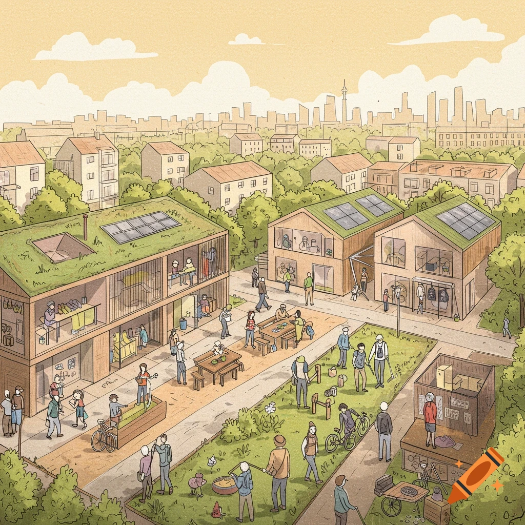 A detailed, hand-drawn illustration of a vibrant urban community with green-roofed buildings, solar panels, and people interacting in public spaces.