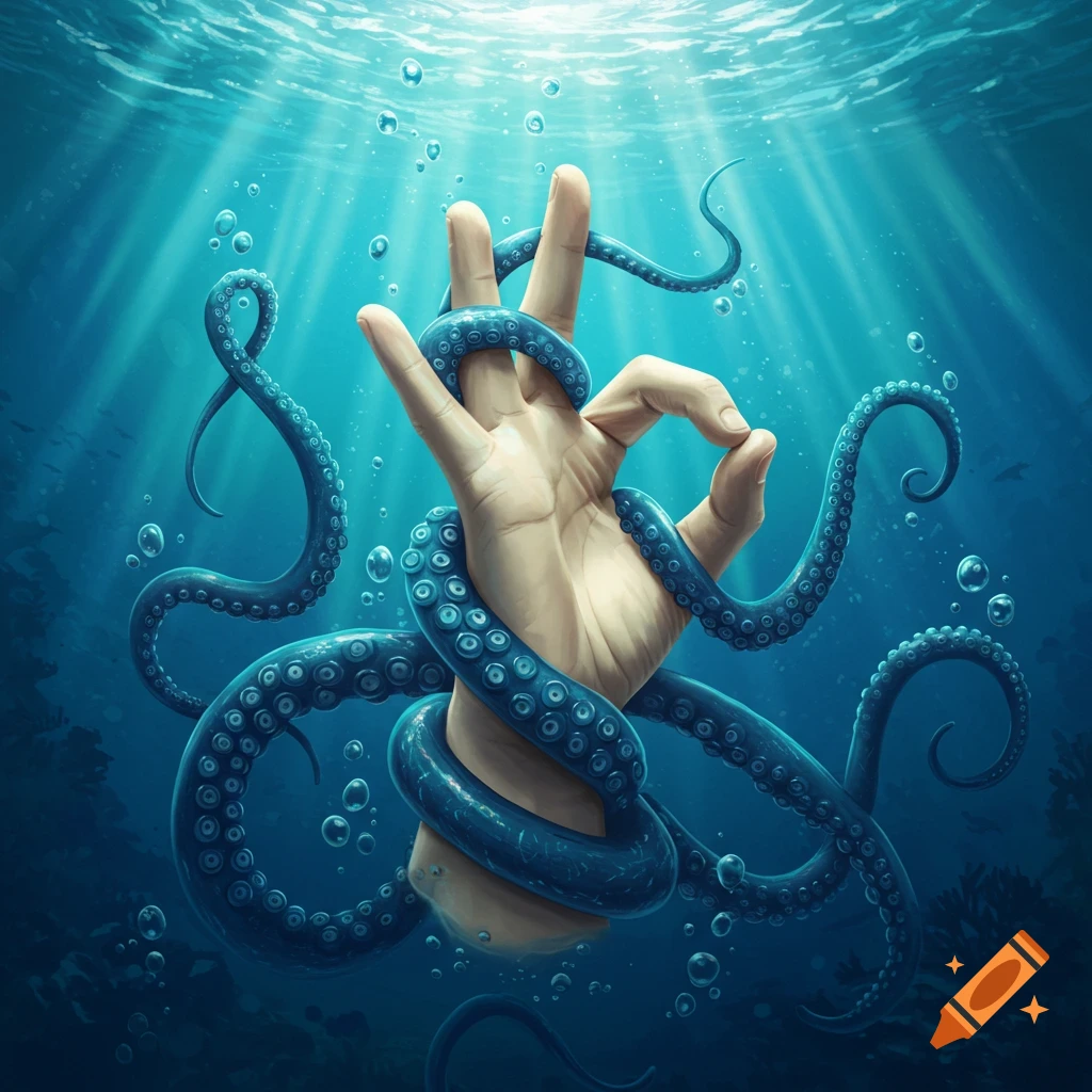 A human hand making an OK sign underwater, entwined by blue octopus tentacles, with light rays and bubbles.