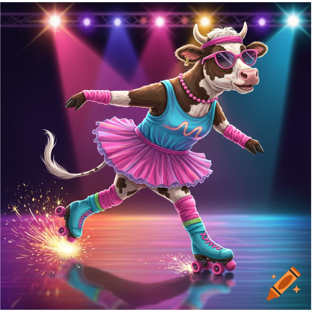 A anthropomorphic cow in an 80s pink and teal roller skating outfit, sunglasses, and headband skates on a disco stage with sparkling wheels and spotlights.