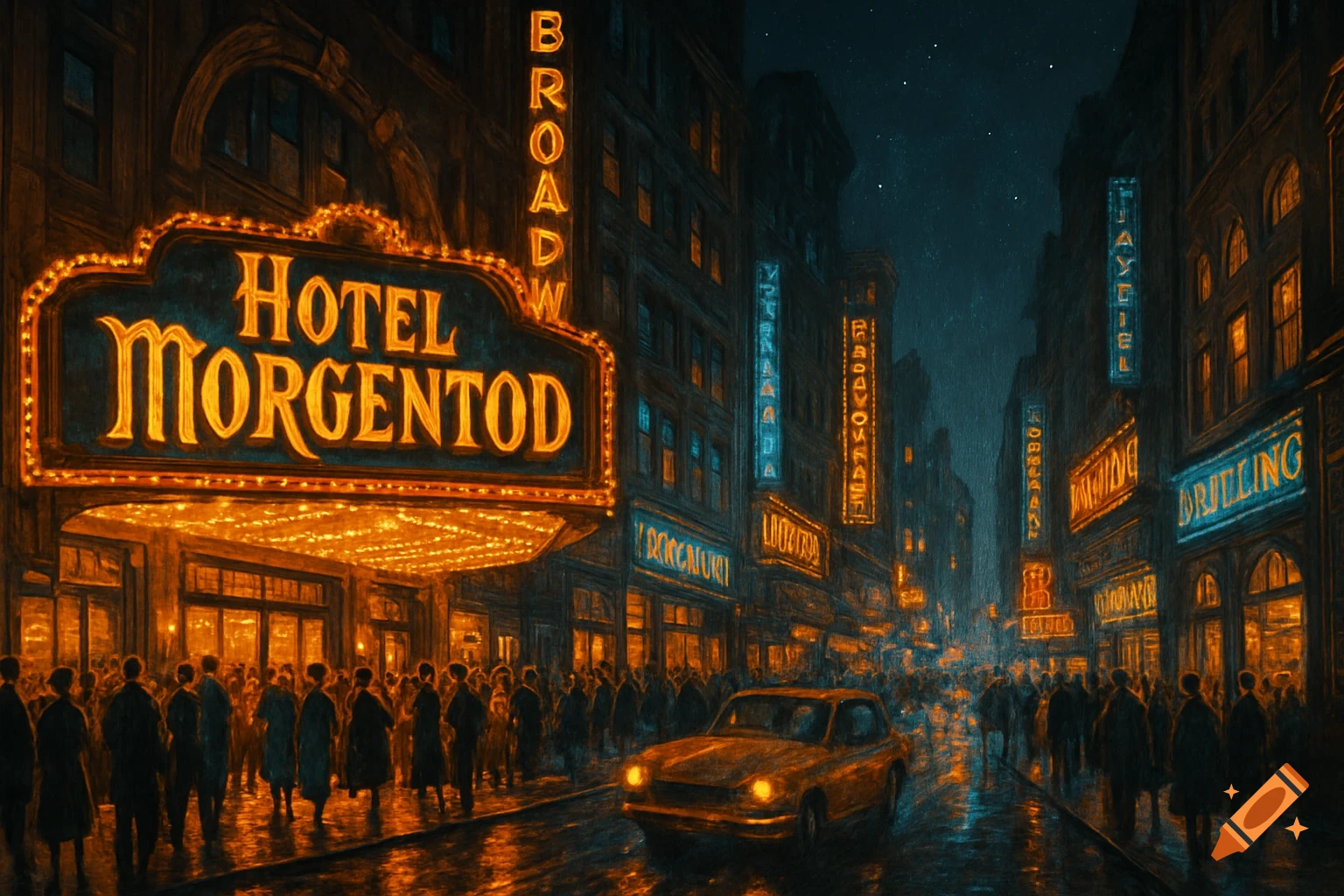 A dark, atmospheric city street at night, with a large glowing sign for "Hotel Morgentod" above a bustling entrance and a car on a wet road, surrounded by other neon signs.