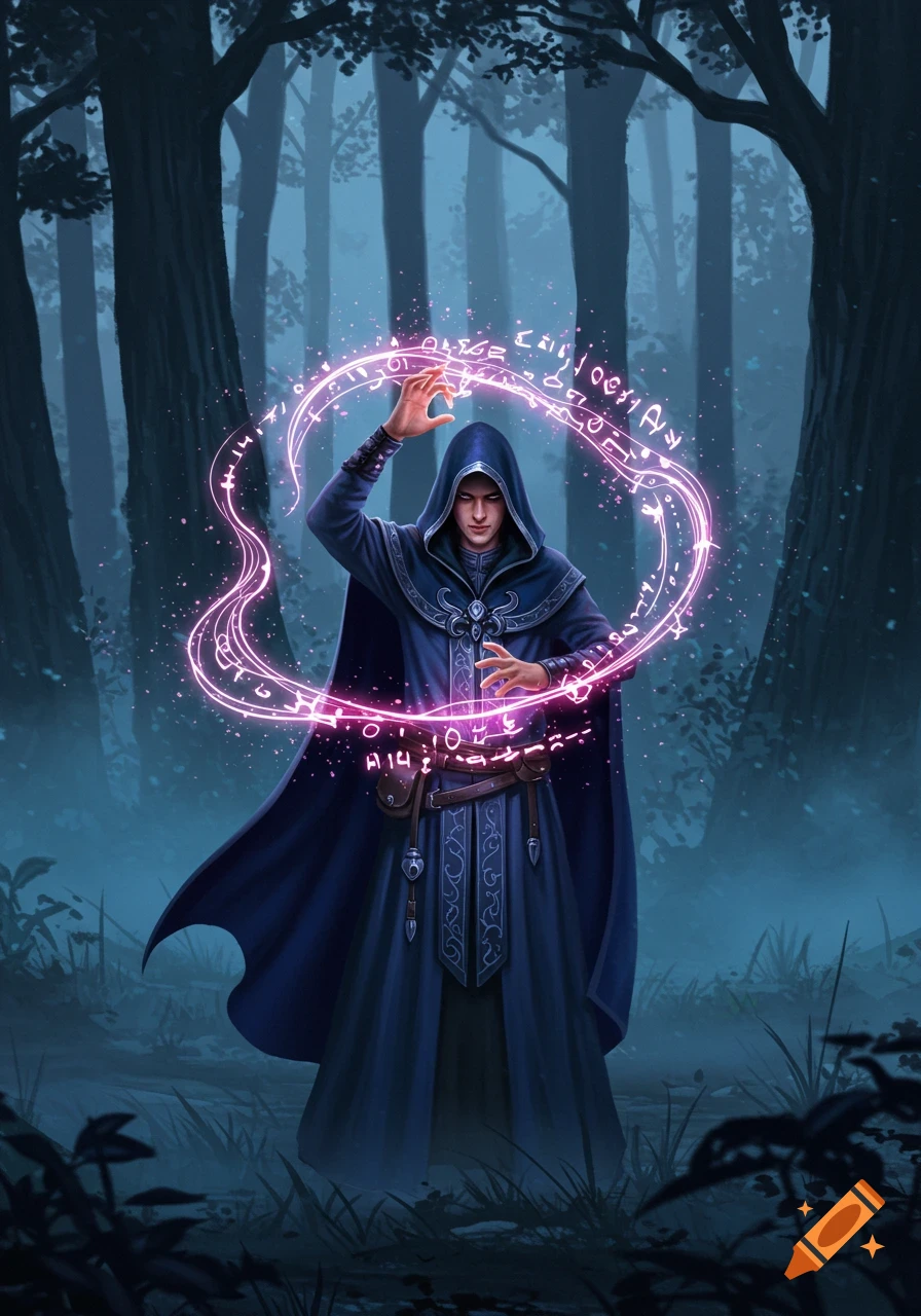 A hooded wizard in a dark blue robe casts a glowing pink spell with arcane symbols in a mystical forest.