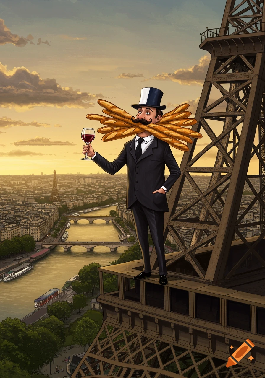 A cartoon Frenchman with a large baguette mustache and a top hat holds a glass of red wine, standing on the Eiffel Tower overlooking Paris at sunset.