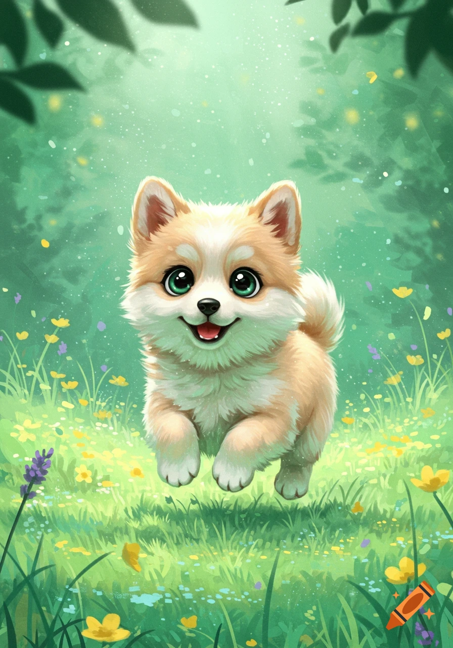 A cute, fluffy, cartoon puppy with big green eyes happily runs through a vibrant green field with yellow and purple flowers.