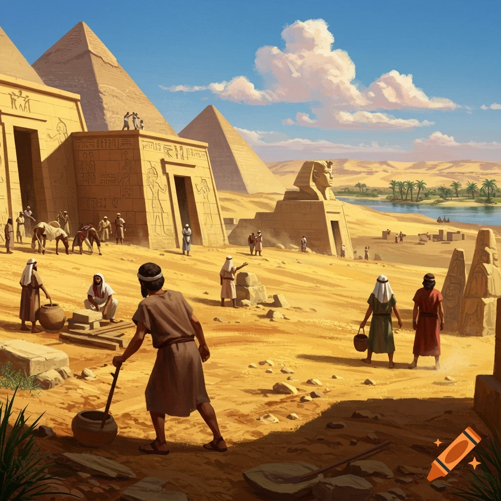 Ancient Egyptian desert landscape with people working around large pyramids, temples, and a sphinx, with a river and palm trees in the background.