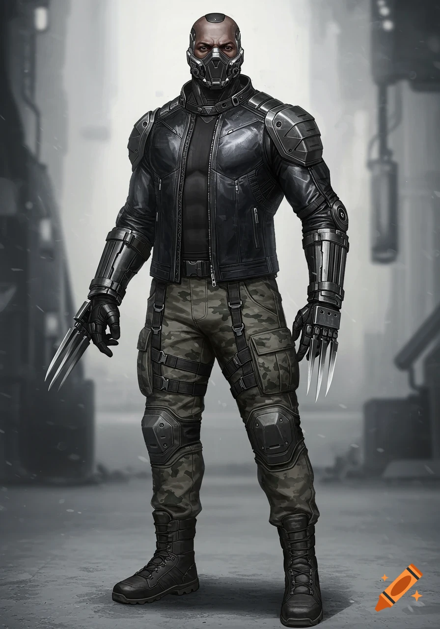 A tall, armored male figure in a black jacket, camo pants, and a face mask stands holding metal claws, in a grey, snowy urban setting.