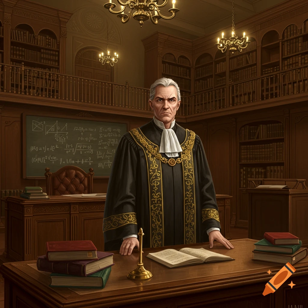 A stern old man in a black and gold academic robe stands behind a large wooden desk in a grand library with bookshelves and a blackboard with math equations.