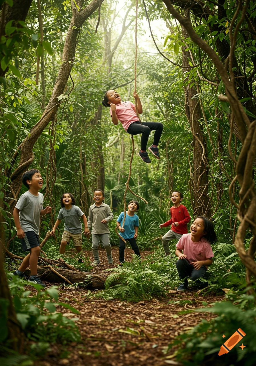Happy children playing in a lush jungle, one swinging on a vine.