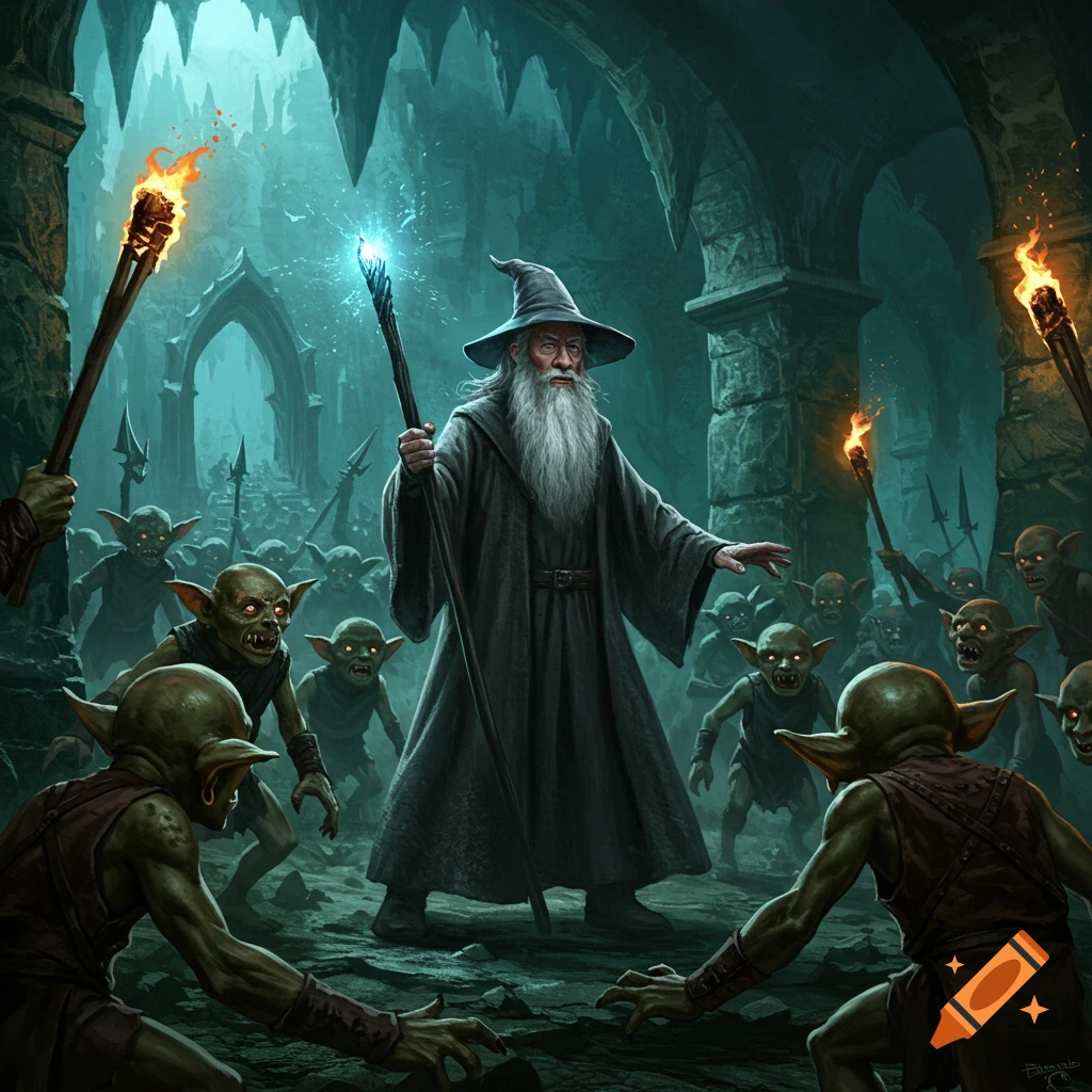 A powerful wizard with a staff and glowing magic confronts a horde of green-skinned goblins in a dark, torchlit dungeon.