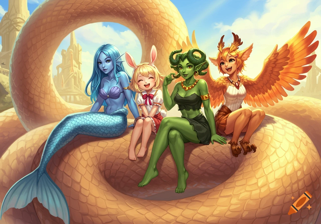Four smiling fantasy girls: a blue mermaid, a blonde bunny girl, a green gorgon, and an orange harpy, sit on a giant snake's tail in a bright fantasy illustration.
