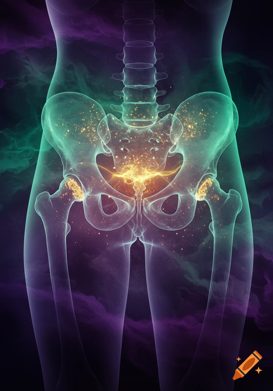 Transparent human pelvis and upper leg bones with golden energy glowing inside, against a backdrop of green and purple mystical clouds.
