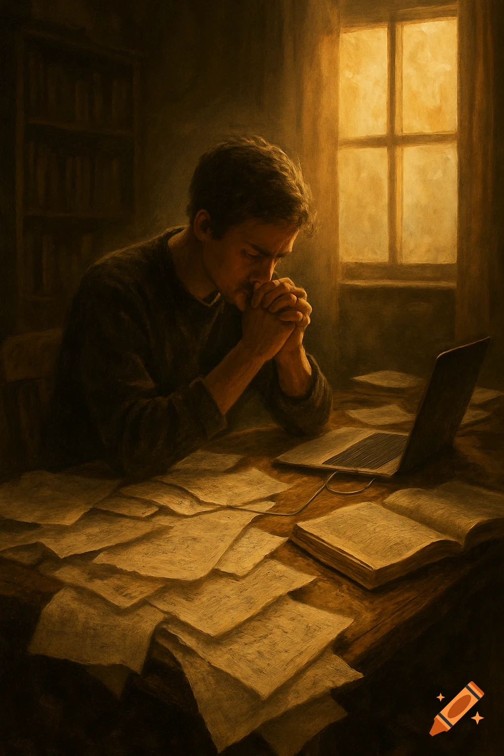 A man in a dark painting bows his head, hands clasped, at a desk with papers, a laptop, and a book, illuminated by a window.