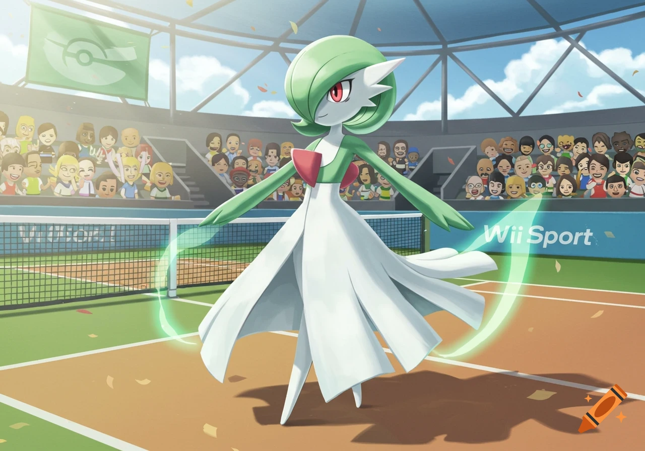 Gardevoir, a humanoid Pokmon with a white dress and green arms, stands on a tennis court with a net, and Mii-like spectators in the stands behind it. A blue banner displays 'Wii Gardevoir, a humanoid Pokmon with a white dress and green arms, stands on a tennis court with a net, and Mii-like spectators in the stands behind it. A blue banner displays 'Wii