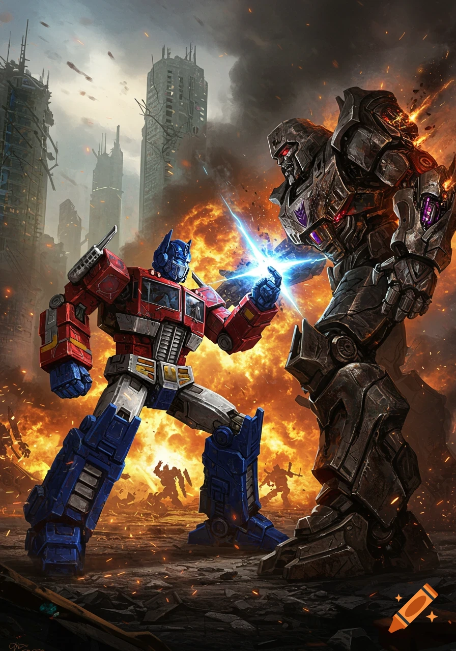Optimus Prime and Megatron battle with energy blasts in a destroyed city engulfed in flames.