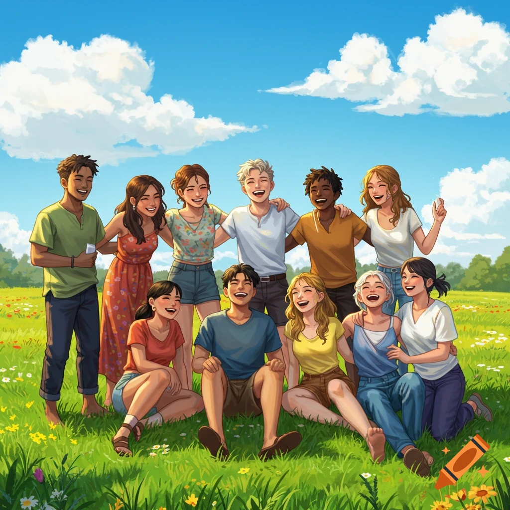 Vibrant animated illustration of eleven diverse friends smiling and posing in a sunny green field under a blue sky with fluffy white clouds.