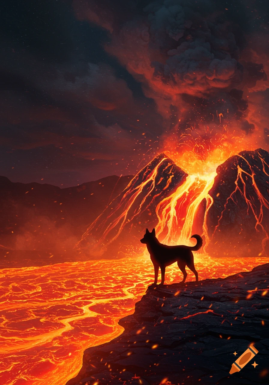 A dog stands silhouetted on a rocky cliff, looking out at an erupting volcano and a river of flowing lava under a fiery sky.